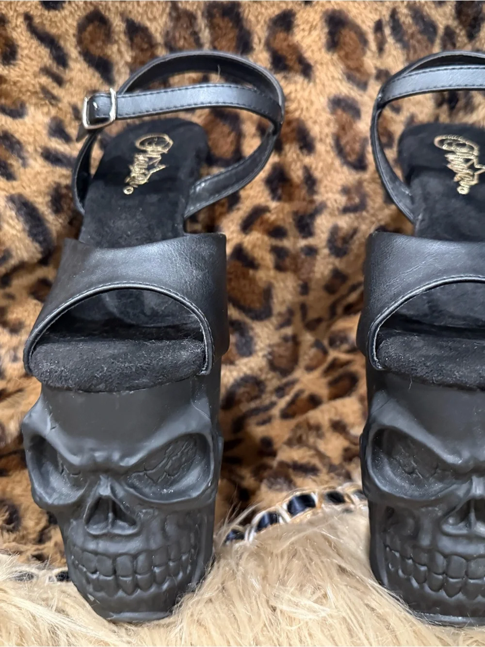 Pleaser Black Platform Peep-Toe Ankle Strap Heels with Sculpted Skull